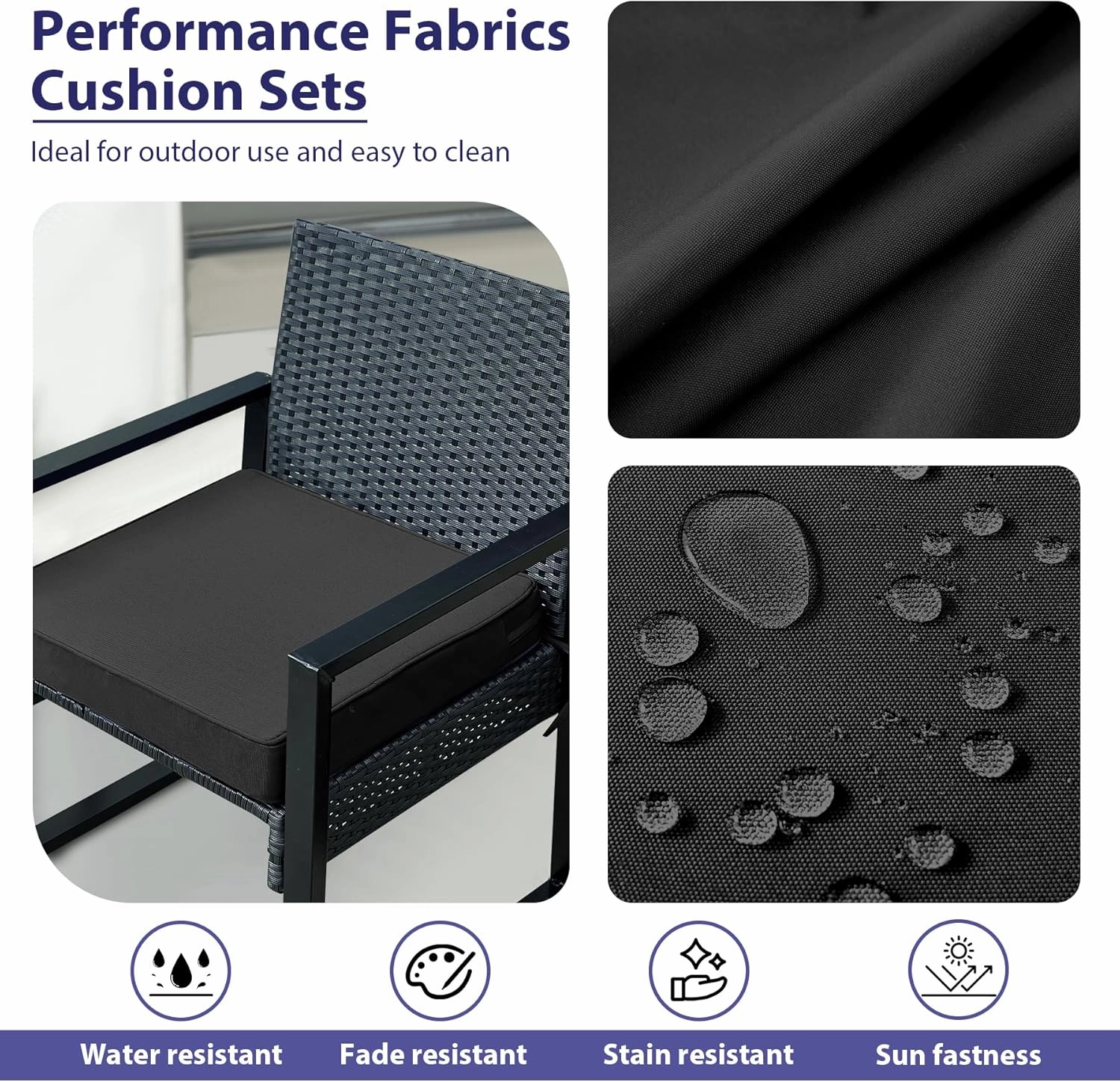 Outdoor Chair Cushions Set of 4,Waterproof Outdoor Seat Cushions for Patio Furniture,Patio Chair Cushion with Handle and Ties, Square Out Door Chair Pads,19" x 19" x 3", Black