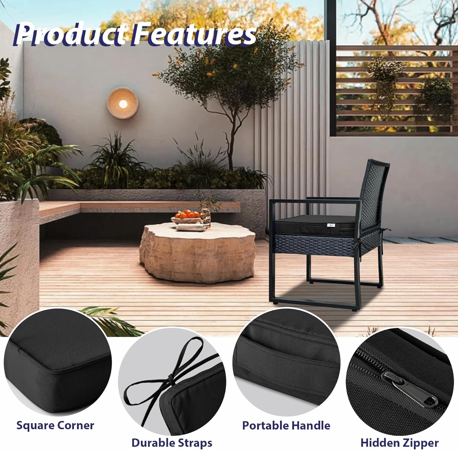 Outdoor Chair Cushions Set of 4,Waterproof Outdoor Seat Cushions for Patio Furniture,Patio Chair Cushion with Handle and Ties, Square Out Door Chair Pads,19" x 19" x 3", Black
