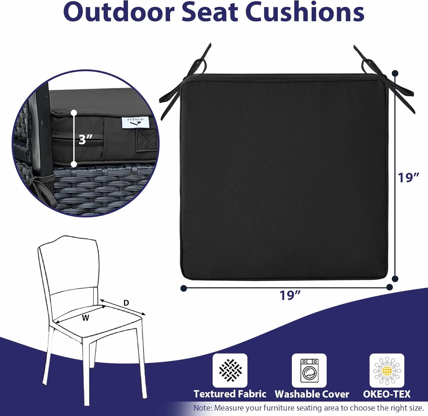 Outdoor Chair Cushions Set of 4,Waterproof Outdoor Seat Cushions for Patio Furniture,Patio Chair Cushion with Handle and Ties, Square Out Door Chair Pads,19" x 19" x 3", Black