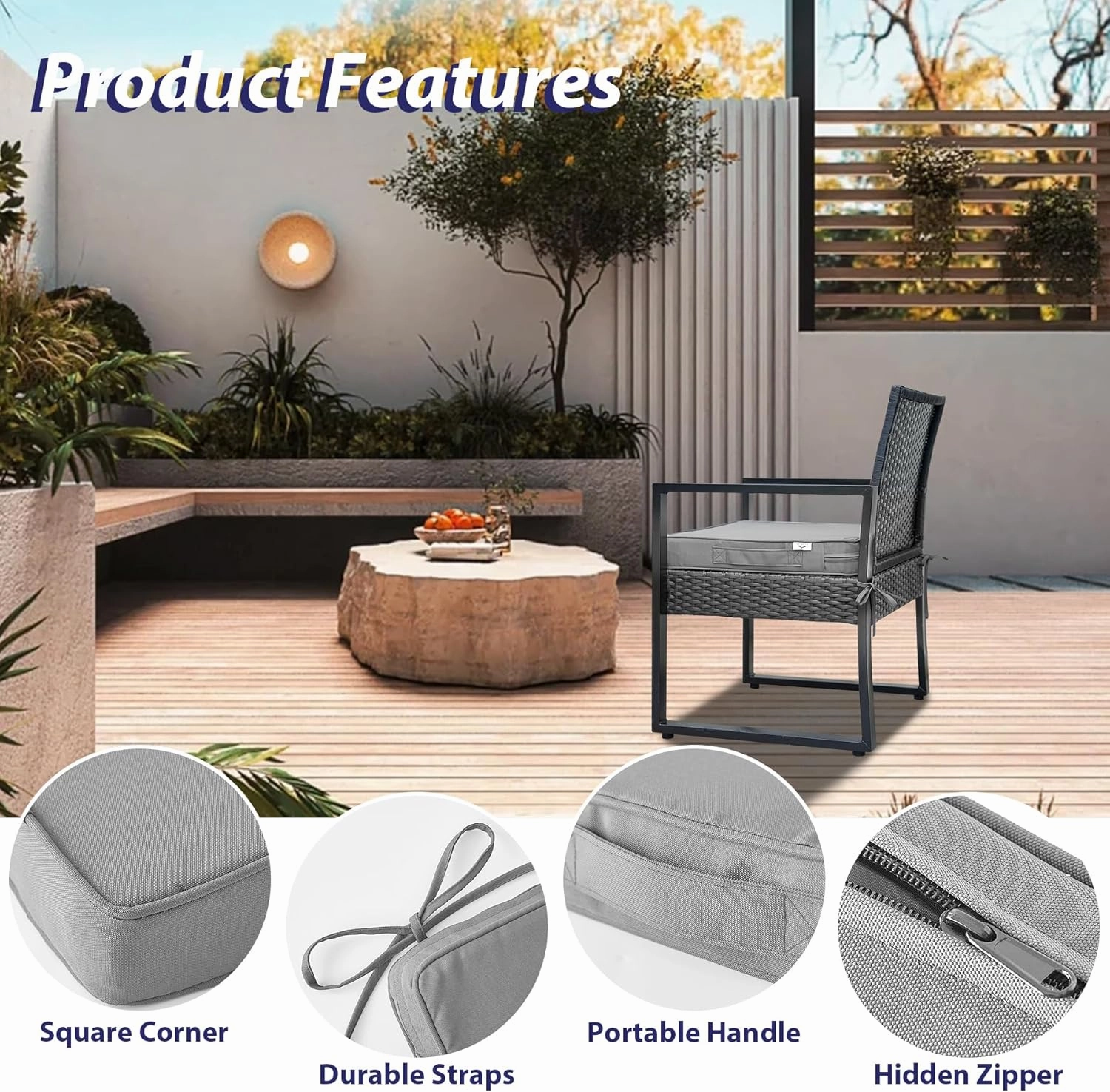 Outdoor Chair Cushions Set of 4, Waterproof Outdoor Seat Cushions for Patio Furniture, Patio Chair Cushion with Handle and Ties, Square Out Door Chair Pads,19" x 19" x 3", Light Grey