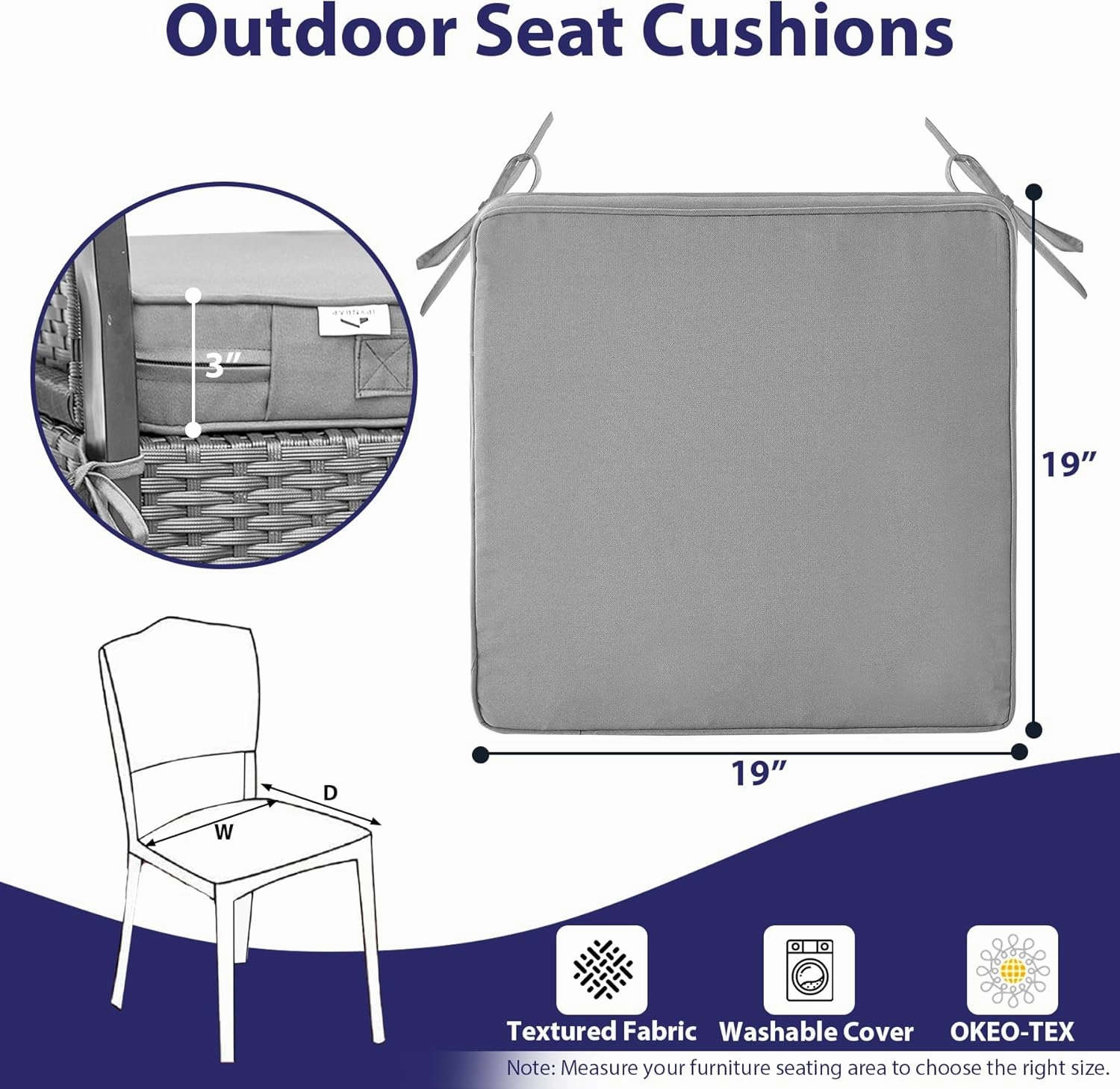 Outdoor Chair Cushions Set of 4, Waterproof Outdoor Seat Cushions for Patio Furniture, Patio Chair Cushion with Handle and Ties, Square Out Door Chair Pads,19" x 19" x 3", Light Grey