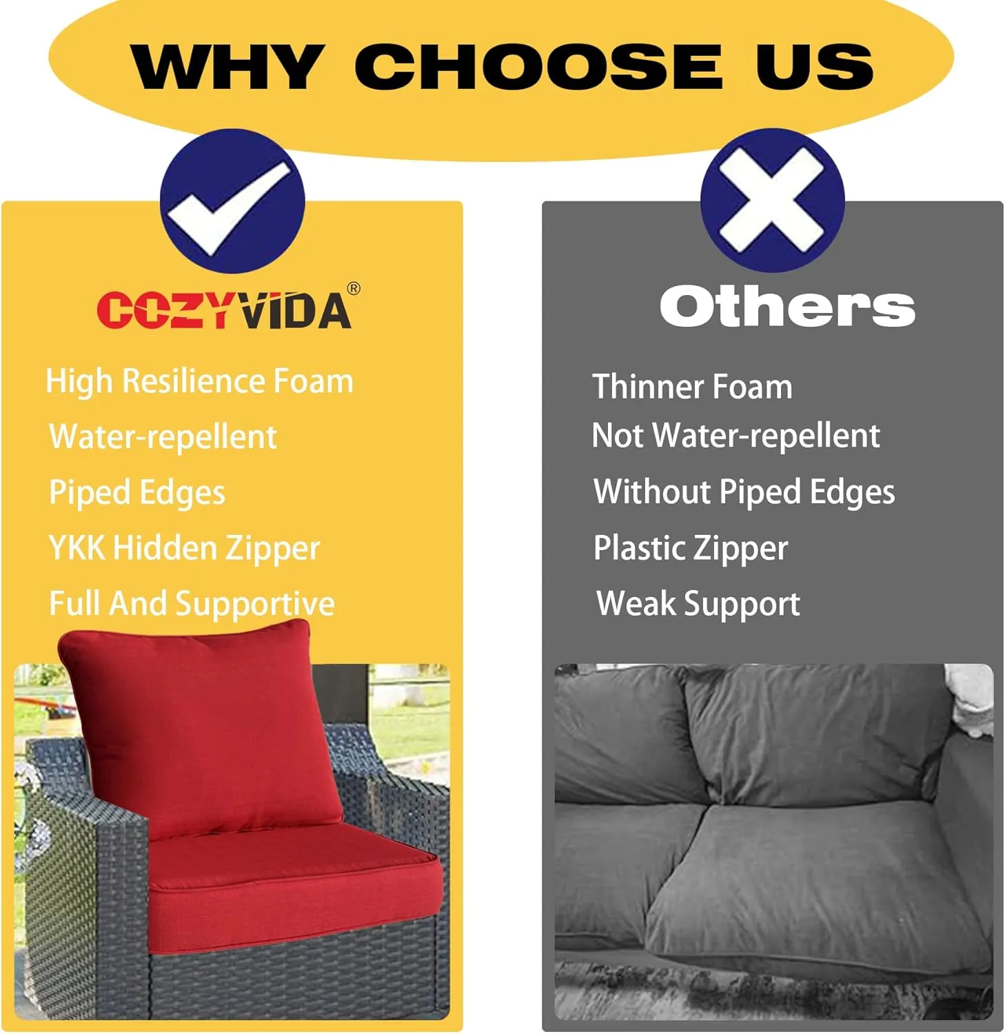 Outdoor/Indoor 22x24 inch Deep Seat Patio Cushions Set of 1 Resilient Foam Filling Water Repellent Stain-Resistant UV Resistant Weather Resistant Patio Cushions Chili