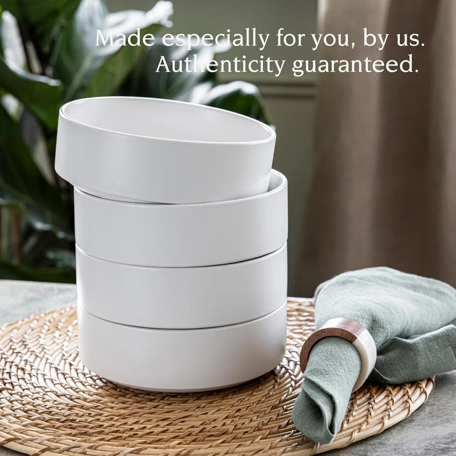 over&back Stackable Cereal Bowl Set - Stoneware Dishes - Comes with 4 Cereal Bowls - Easy-to-Stack Breakfast Place Settings - 6.2" x 6.2" x 2.2" - 25oz - Semi-Matte White