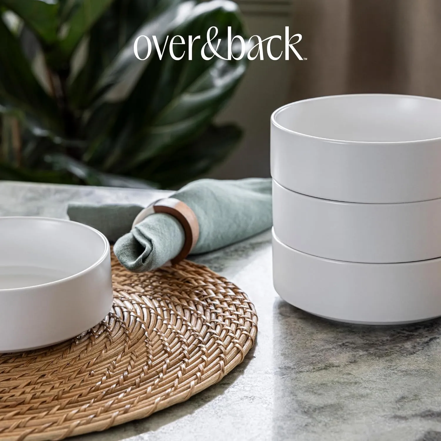 over&back Stackable Cereal Bowl Set - Stoneware Dishes - Comes with 4 Cereal Bowls - Easy-to-Stack Breakfast Place Settings - 6.2" x 6.2" x 2.2" - 25oz - Semi-Matte White