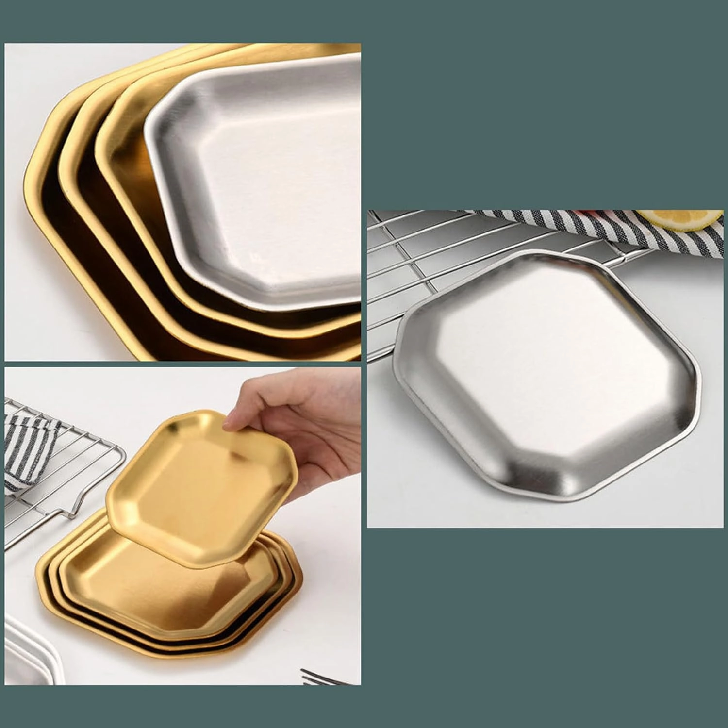 Pack Of 4 Distinctive Gold/Silver Stainless Steel Plates Various Dinnerware For Home Camping And Outdoors Dining