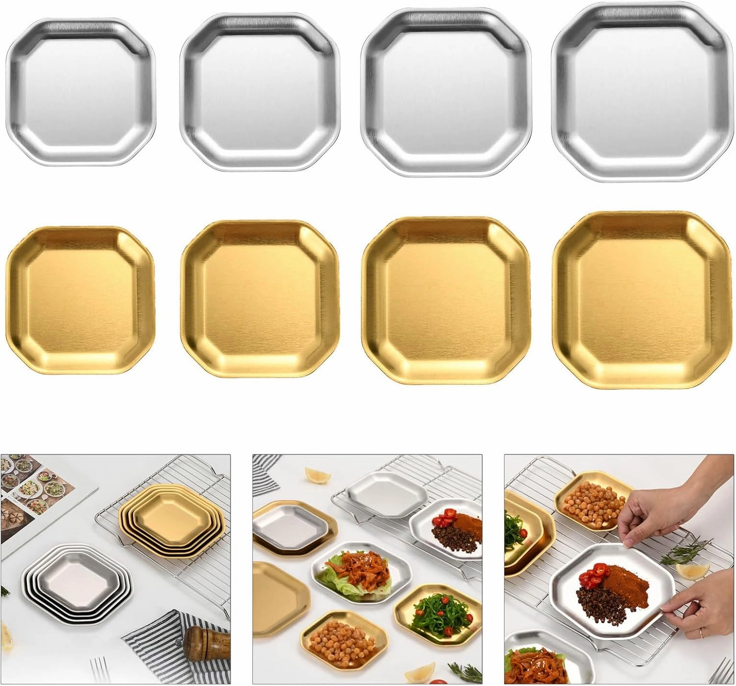 Pack Of 4 Distinctive Gold/Silver Stainless Steel Plates Various Dinnerware For Home Camping And Outdoors Dining