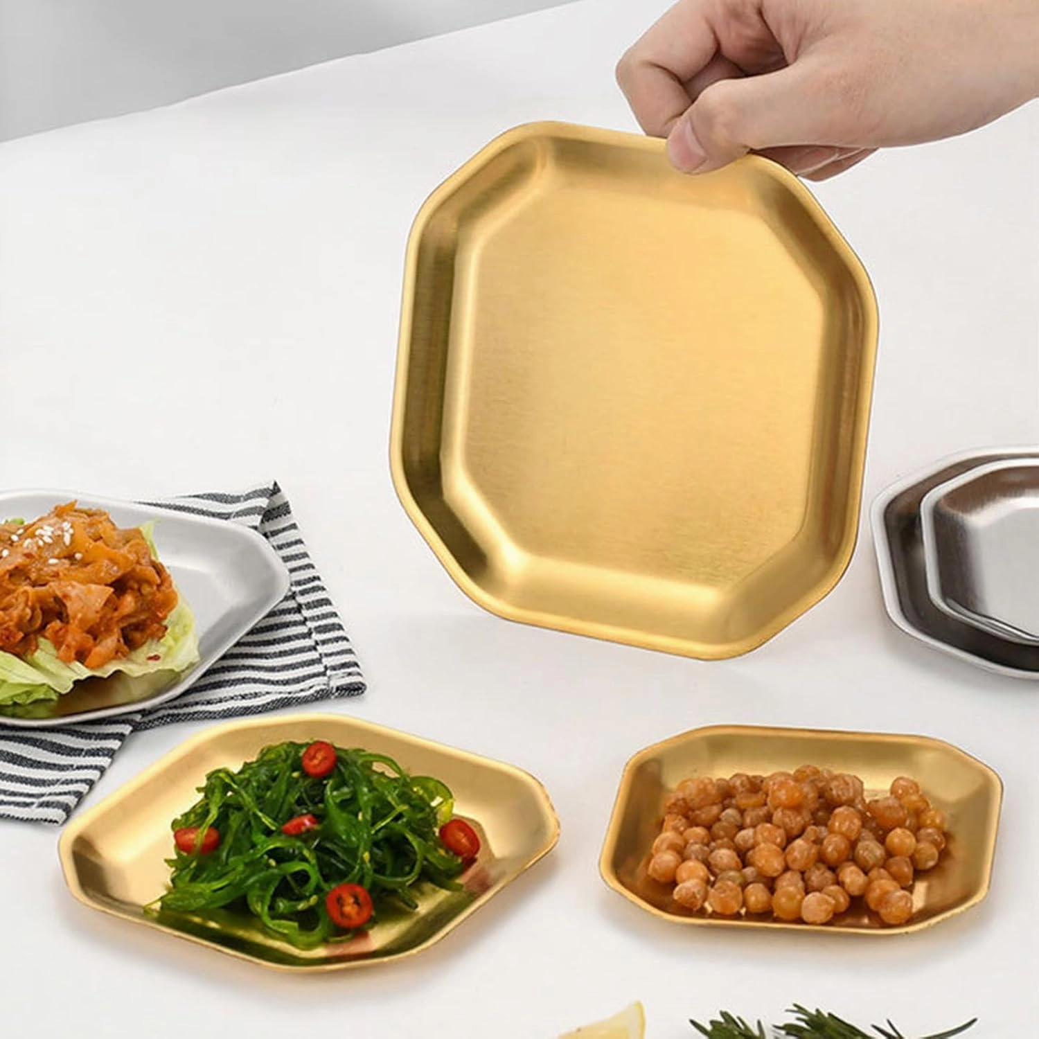 Pack Of 4 Distinctive Gold/Silver Stainless Steel Plates Various Dinnerware For Home Camping And Outdoors Dining