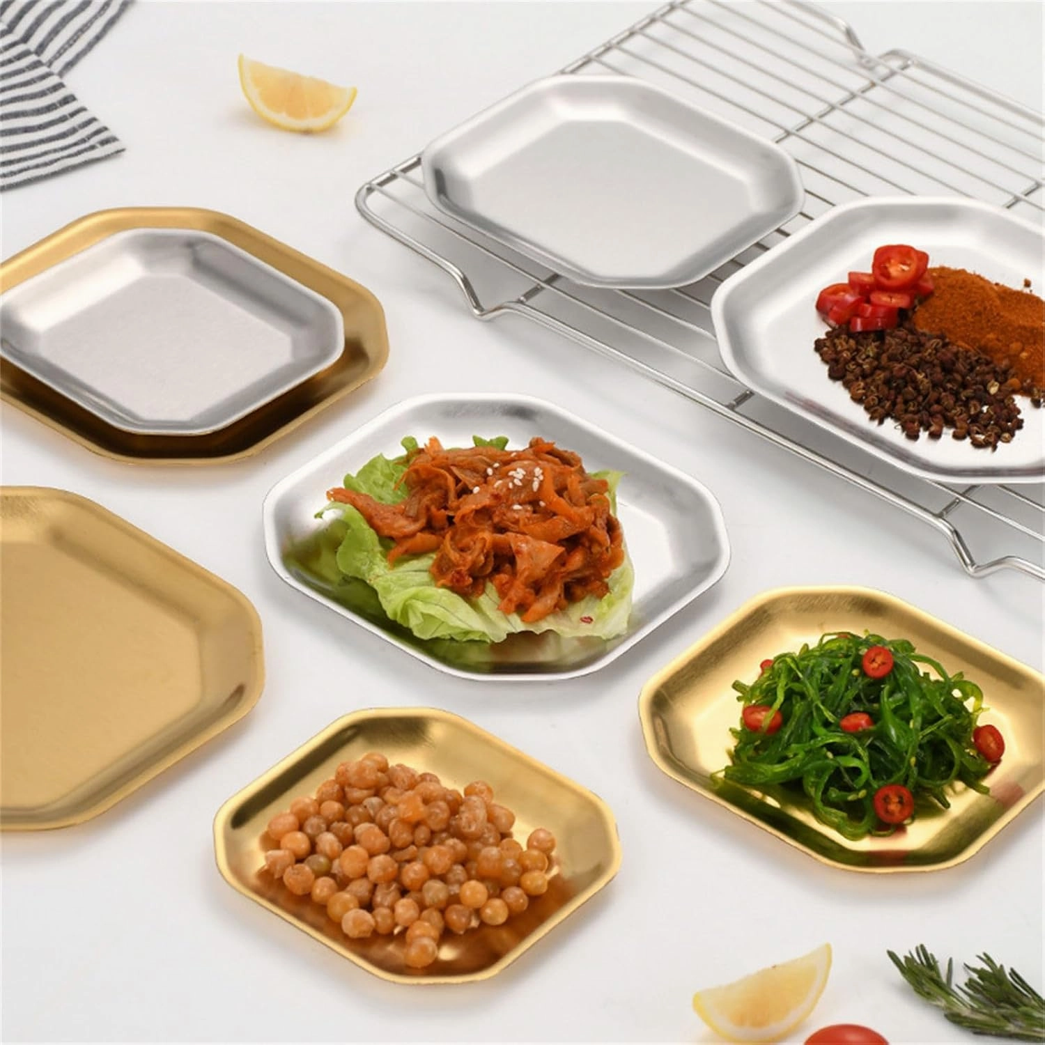 Pack Of 4 Distinctive Gold/Silver Stainless Steel Plates Various Dinnerware For Home Camping And Outdoors Dining