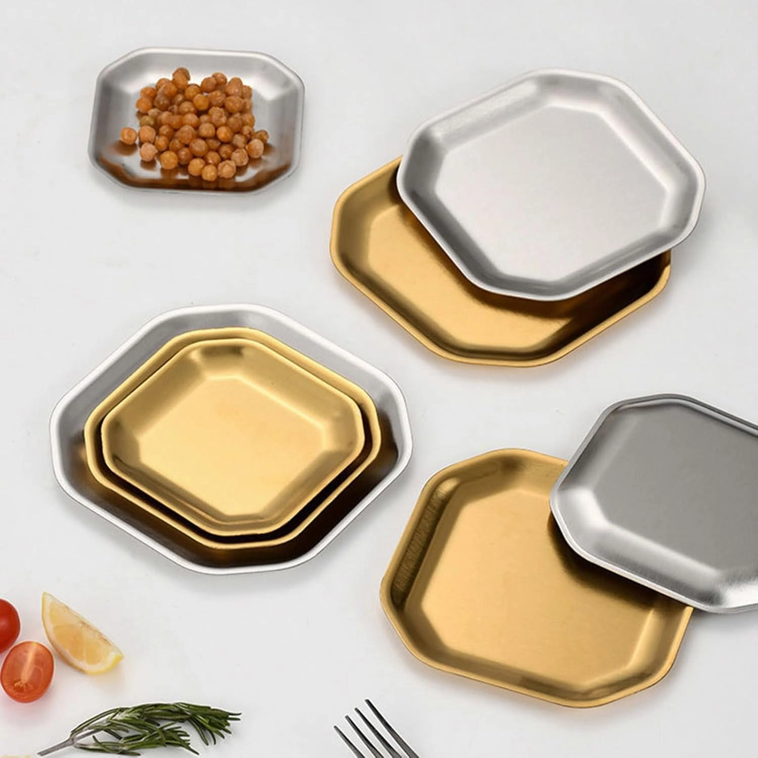 Pack Of 4 Distinctive Gold/Silver Stainless Steel Plates Various Dinnerware For Home Camping And Outdoors Dining