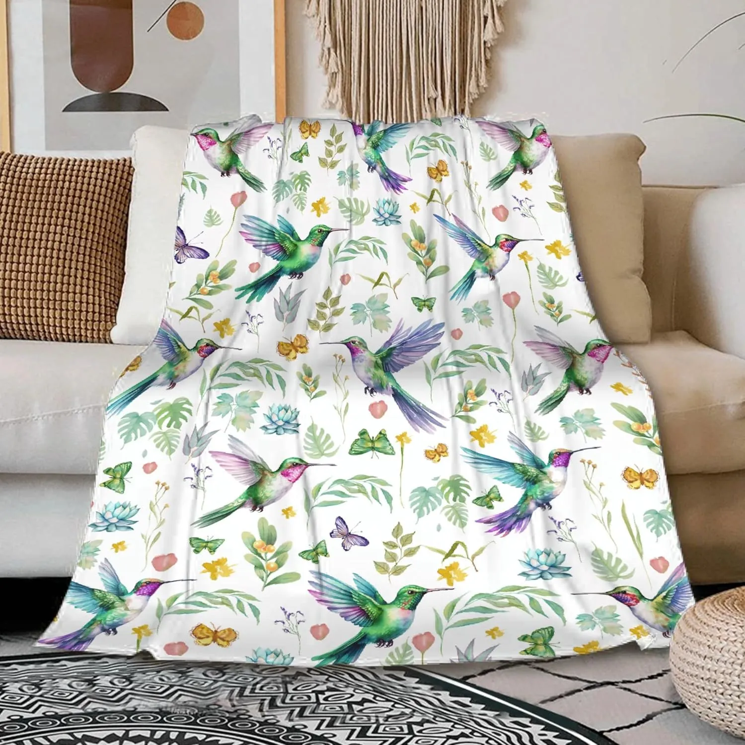 PANDASBLANKET Hummingbird Throw Blanket Butterfly Hummingbirds Theme Blanket for Women Girls Hummingbird Gifts for Bird Lovers Bird Flower Blanket for Couch Bed Outdoor 60"x80"for Adults