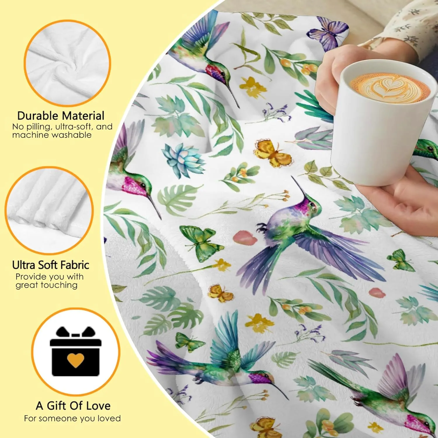 PANDASBLANKET Hummingbird Throw Blanket Butterfly Hummingbirds Theme Blanket for Women Girls Hummingbird Gifts for Bird Lovers Bird Flower Blanket for Couch Bed Outdoor 60"x80"for Adults