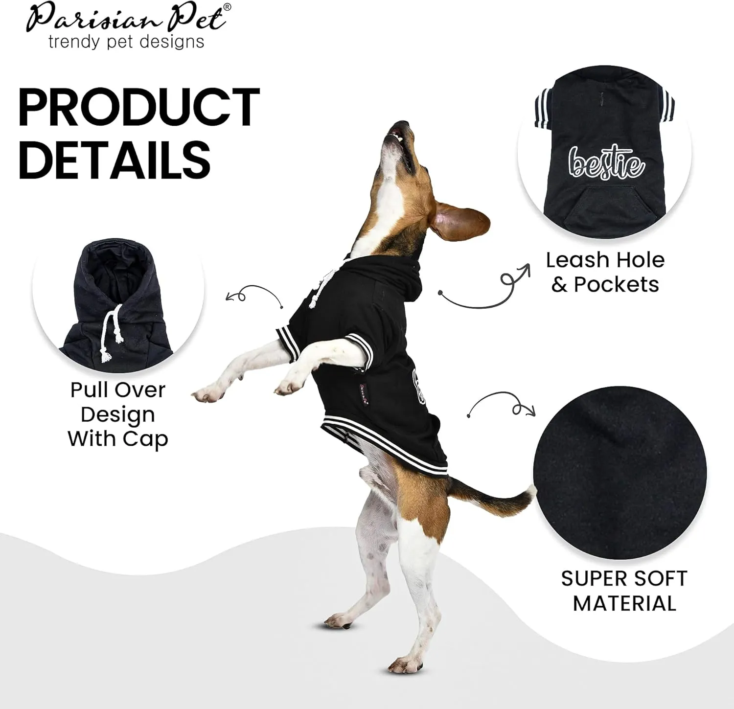 Parisian Pet Basic Dog Hoodie – Lightweight Printed “Bestie“ Dog Sweatshirt – Pullover Hoodies for Dogs with Leash Hole and Pockets – Cotton, Polyester Dog Clothes for Large Dogs - XL