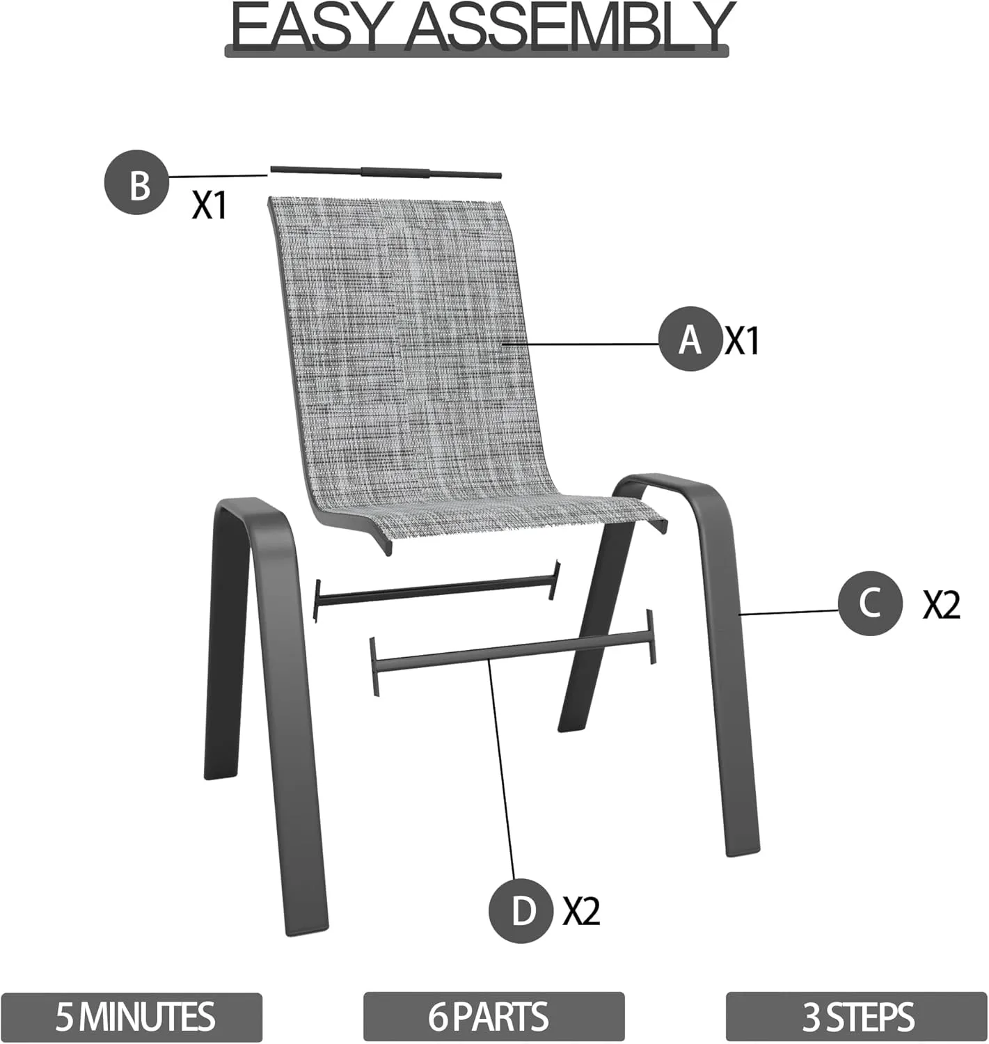 Patio Dining Chairs Set of 4 Outdoor Stackable Dining Chairs for All Weather 330lbs Capacity Heavy Duty Textilene Fabric Rustproof Metal Frame Patio Furniture for Backyard Garden Poolside (Grey)