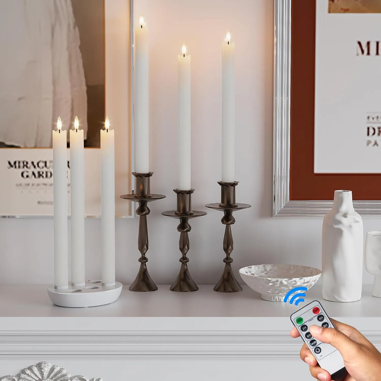 Patiphan Rechargeable Flameless Taper Candles with Charging Station, 6 Pcs Real Wax LED Taper Candles Flickering with Remote&Timer, 3D Flame Candlesticks for Home Wedding Christmas Decor (White)