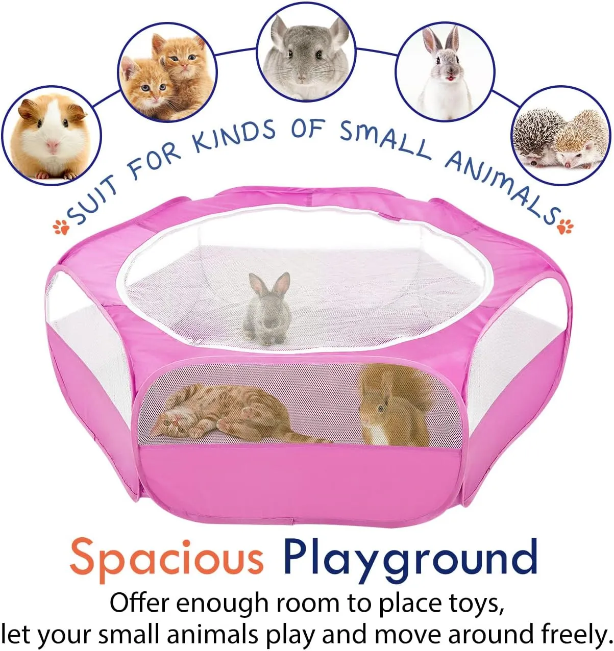 Pawaboo Small Animals Playpen, Waterproof Small Pet Cage Tent with Zippered Cover, Portable Outdoor Yard Fence with 3 Metal Rod for Chick/Kitten/Puppy/Guinea Pig/Rabbits/Hamster/Chinchillas,Magenta