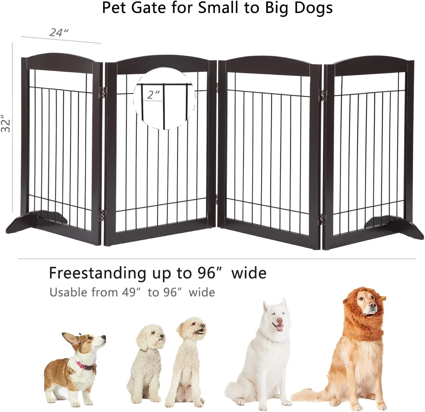 PAWLAND 96-inch Extra Wide Dog gate for The House, Doorway, Stairs, Freestanding Foldable Wire Pet Gate, Set of Support Feet Included (Espresso, 30" Height-4 Panels)