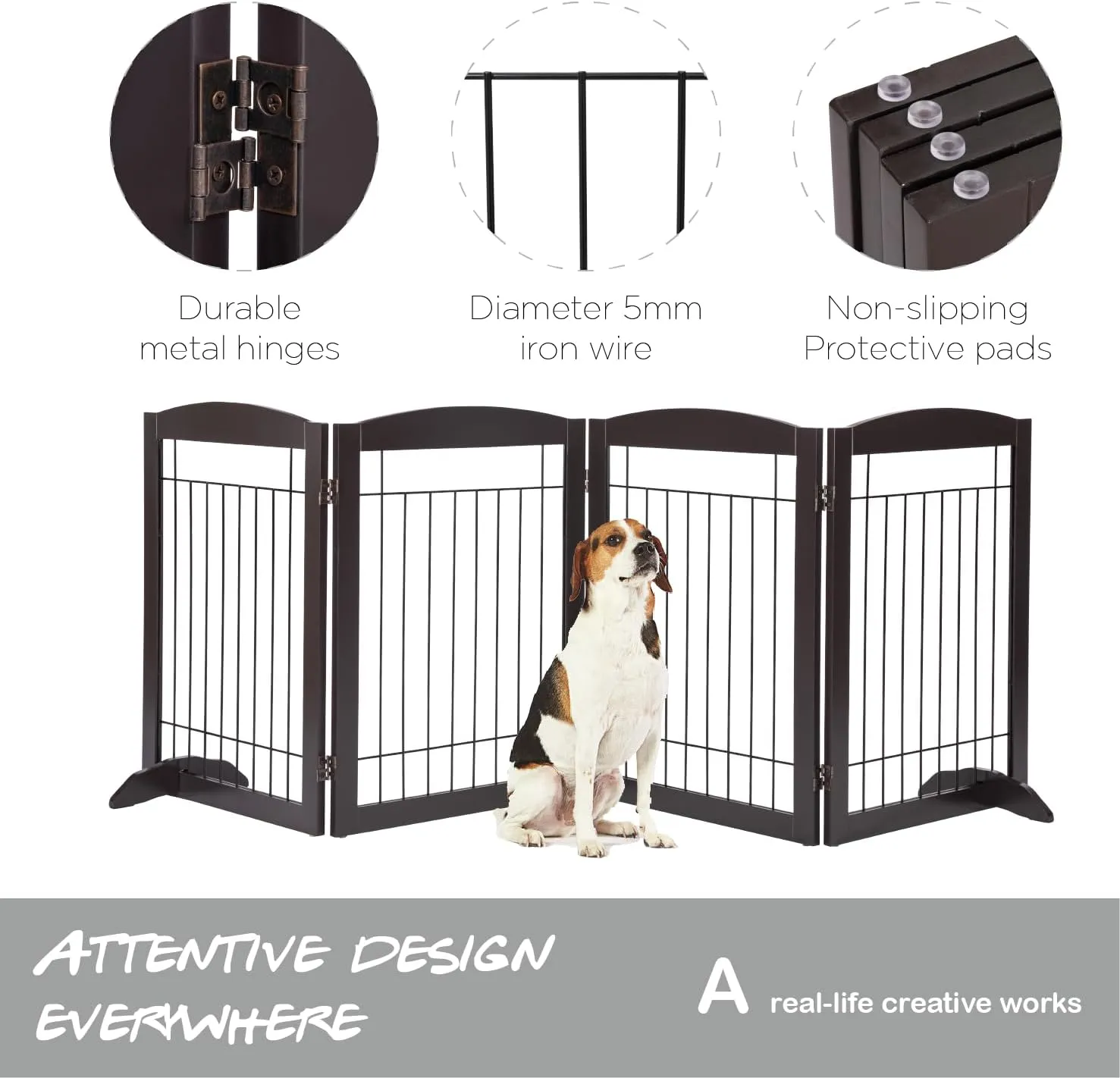 PAWLAND 96-inch Extra Wide Dog gate for The House, Doorway, Stairs, Freestanding Foldable Wire Pet Gate, Set of Support Feet Included (Espresso, 30" Height-4 Panels)