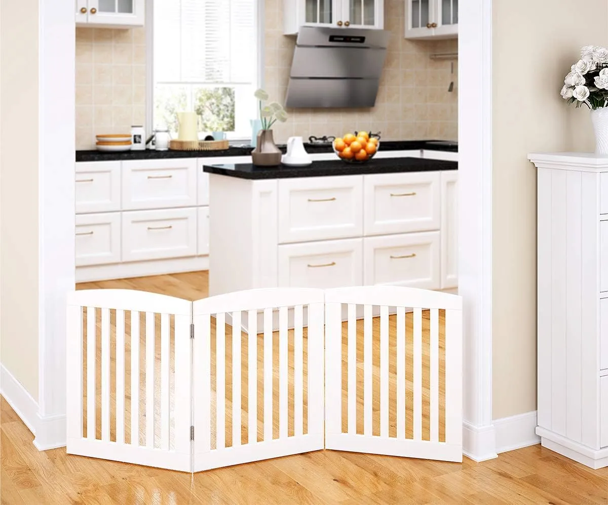 PAWLAND Wooden Freestanding Foldable Pet Gate for Dogs, 24 inch 3 Panels Step Over Fence, Dog Gate for The House, Doorway, Stairs, Extra Wide (White, 24" Height-3 Panels)