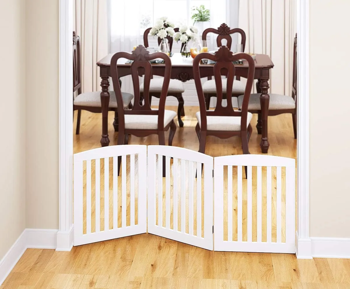 PAWLAND Wooden Freestanding Foldable Pet Gate for Dogs, 24 inch 3 Panels Step Over Fence, Dog Gate for The House, Doorway, Stairs, Extra Wide (White, 24" Height-3 Panels)