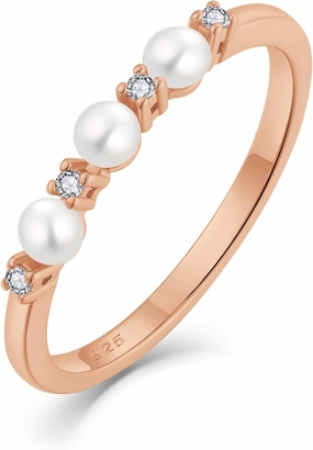 Pearl Ring 925 Sterling Silver Stackable Ring for Women, Freshwater Cultured Pearl Ring Promise Band Jewelry Gifts for Her