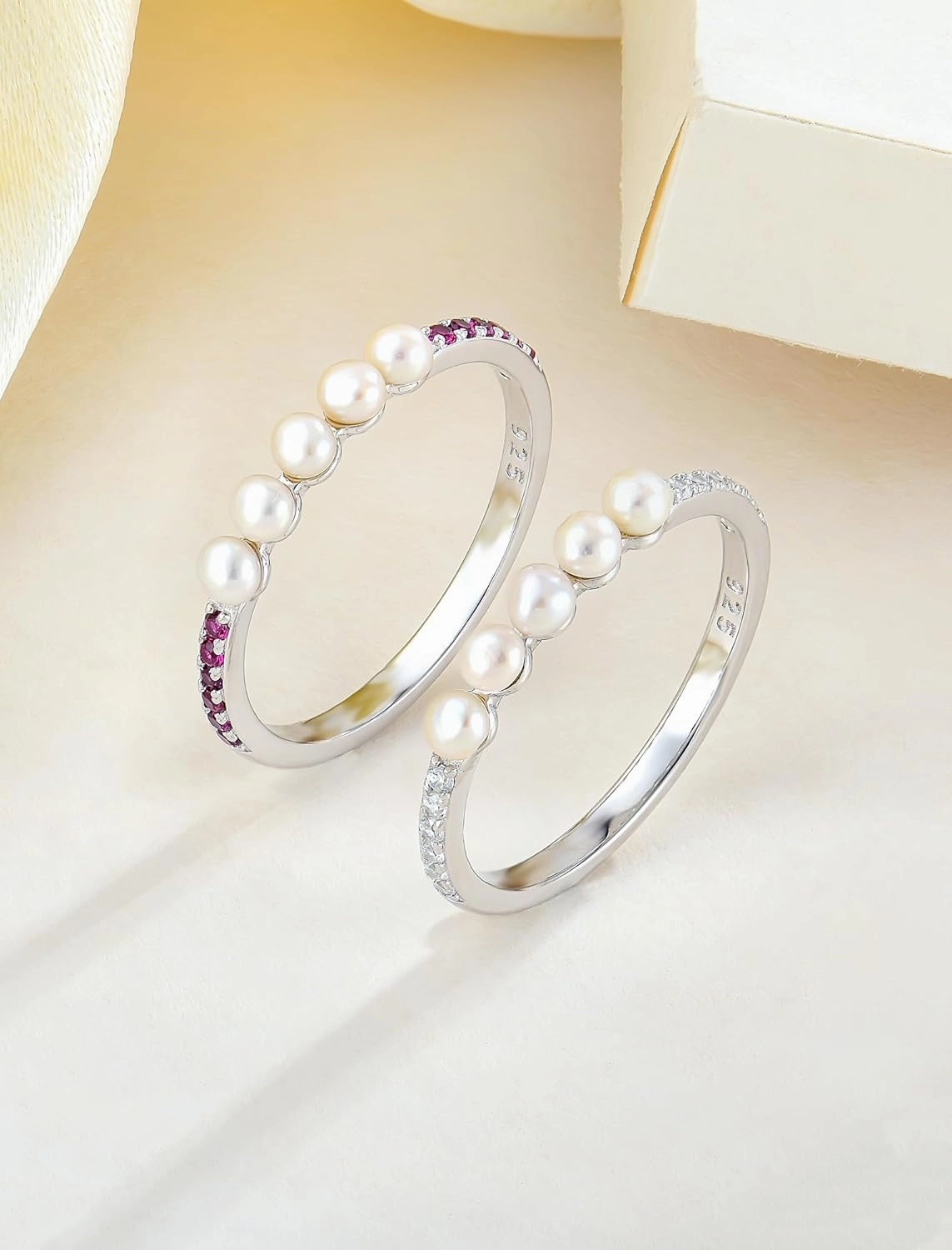 Pearl Stackable Rings For Women, 925 Sterling Silver Birthstone Eternity Ring Freshwater Culture Pearl Rings for Jewelry Gifts