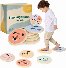 PEBUMI Wooden Stepping Stones for Kids - 6 Non-Slip Stepping Stone Toy with Spinner Game & Storage Bag, Indoor & Outdoor Sensory Toy to Promotes Balance Coordination & Strength for 1-4 Years Kids