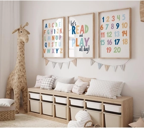 Pennclys Kids Playroom Wall Art Decor Alphabet Poster Play Room Canvas Wall Decor ABC Nursery Wall Art 123 Toddler Poster Let's Read for Boy Girl Room 12x16 Inch Unframed Set of 3