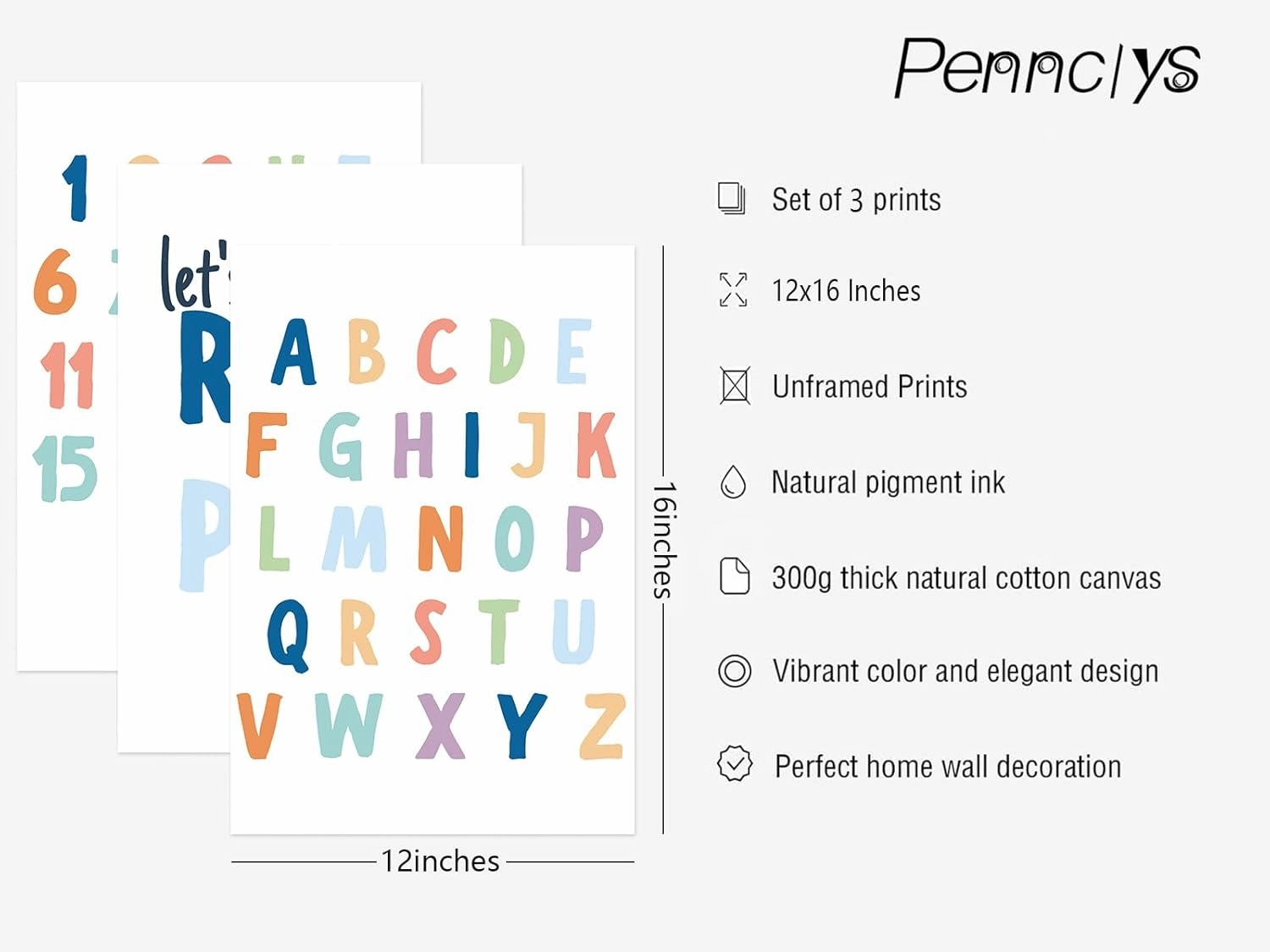 Pennclys Kids Playroom Wall Art Decor Alphabet Poster Play Room Canvas Wall Decor ABC Nursery Wall Art 123 Toddler Poster Let's Read for Boy Girl Room 12x16 Inch Unframed Set of 3