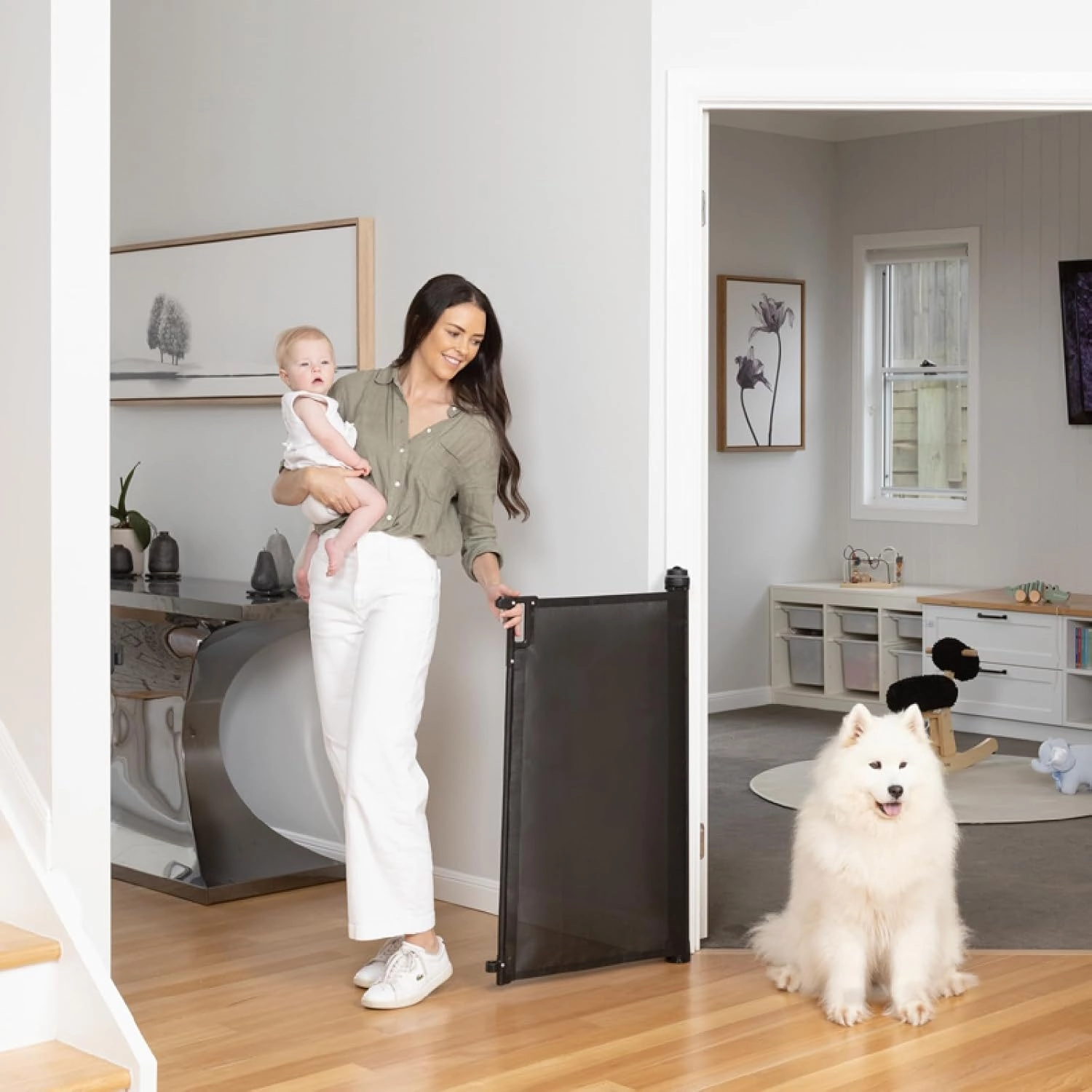 Perma Child Safety Indoor Outdoor Ultimate Retractable Baby Gate, 38.6" Tall Extends to 79" Wide, Black
