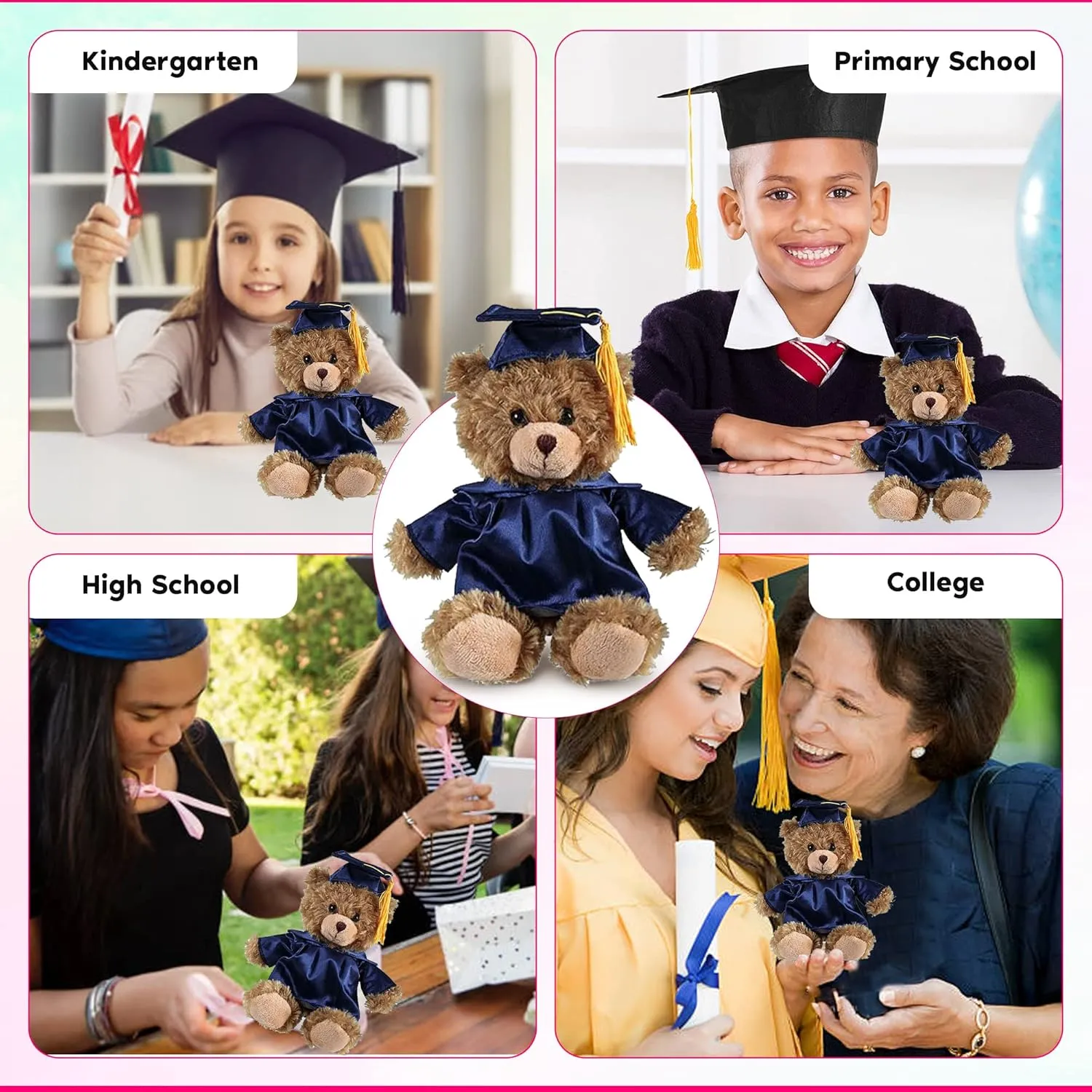 Personalized 2025 Graduation Mocha Teddy Bear – Custom Plush with Cap & Gown – 6 inch Cute Stuffed Animal for Graduates - Best Grad Gift for College High School & Kindergarten Achievements (Navy Blue)