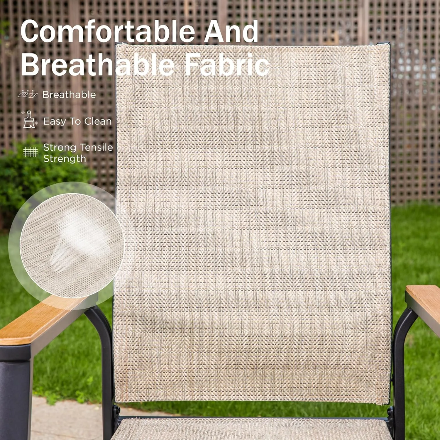 PHI VILLA Outdoor Stackable Dining Chairs Set of 2（Beige,Lightweight Aluminum Frame with Textilene Fabric & Wider Armrest,Easy to Store,Patio Chairs for Garden,Lawn