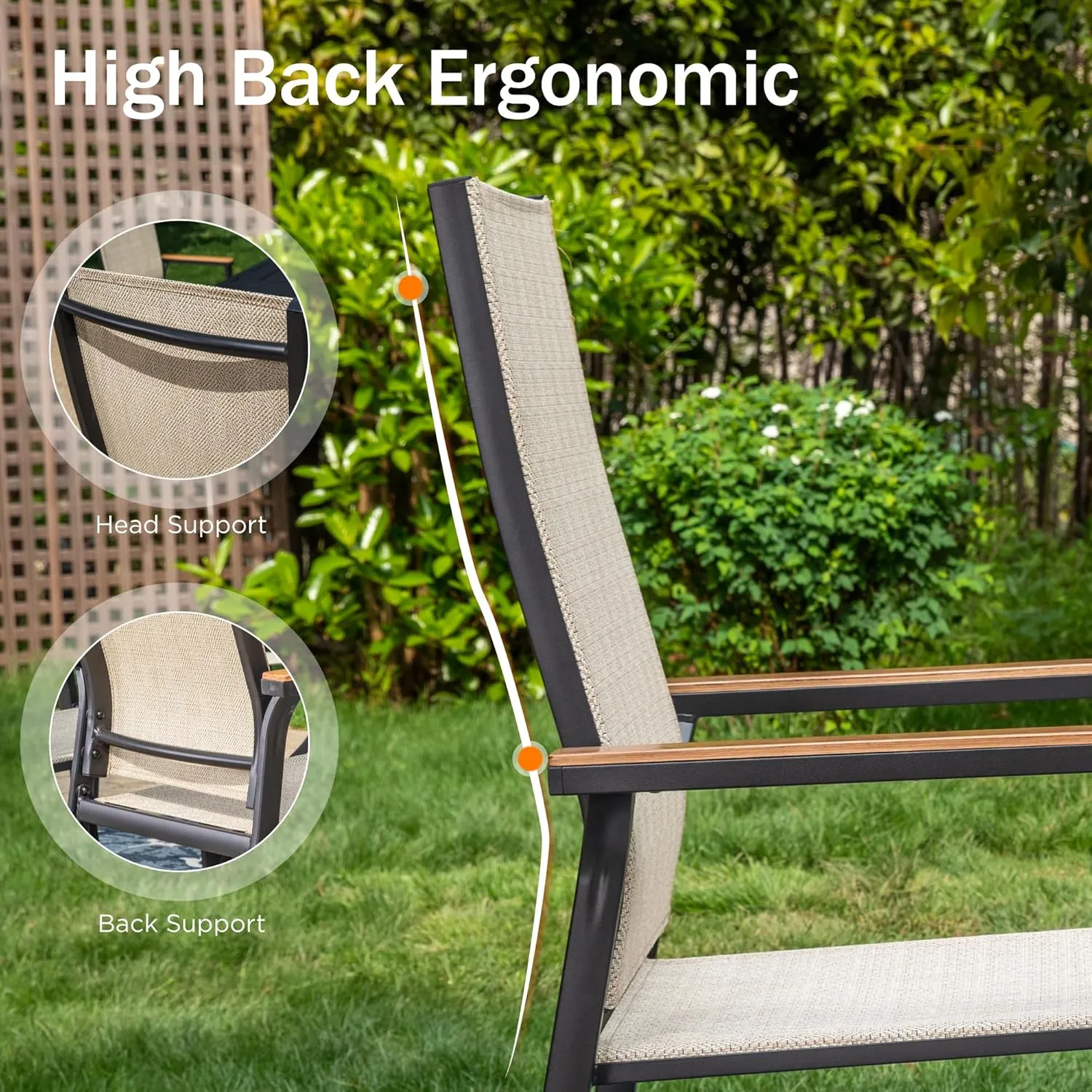 PHI VILLA Outdoor Stackable Dining Chairs Set of 2（Beige,Lightweight Aluminum Frame with Textilene Fabric & Wider Armrest,Easy to Store,Patio Chairs for Garden,Lawn