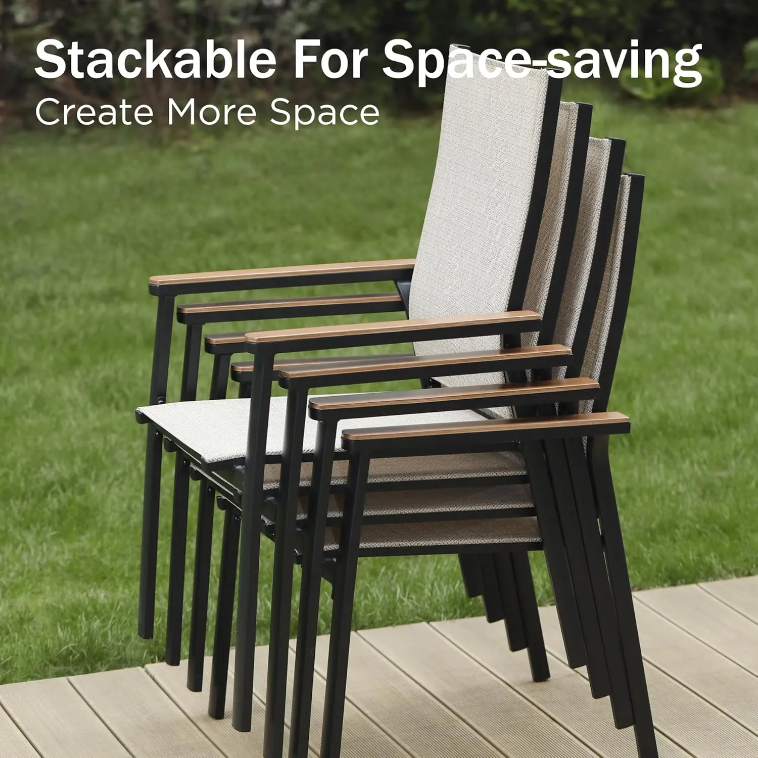 PHI VILLA Outdoor Stackable Dining Chairs Set of 2（Beige,Lightweight Aluminum Frame with Textilene Fabric & Wider Armrest,Easy to Store,Patio Chairs for Garden,Lawn
