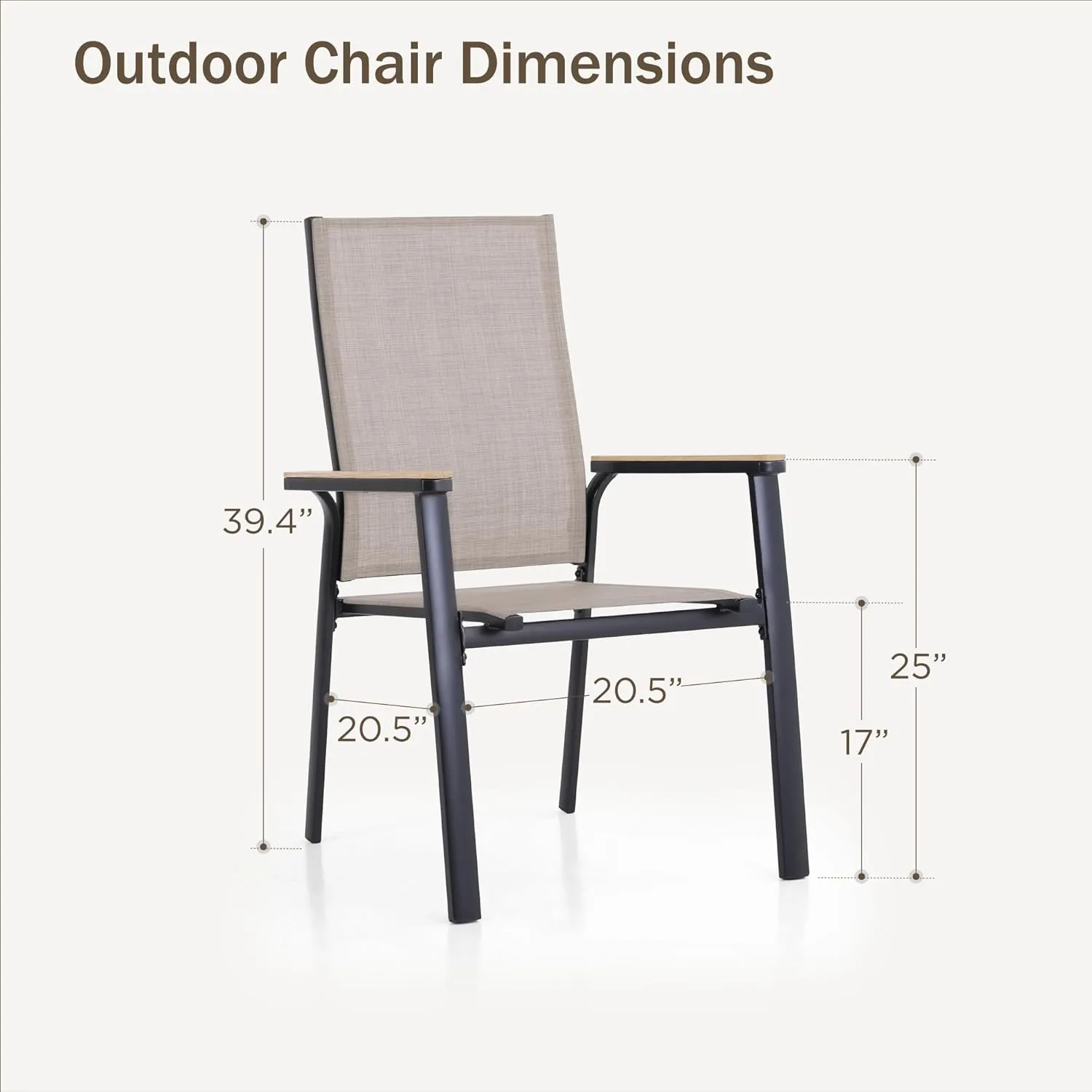 PHI VILLA Outdoor Stackable Dining Chairs Set of 2（Beige,Lightweight Aluminum Frame with Textilene Fabric & Wider Armrest,Easy to Store,Patio Chairs for Garden,Lawn