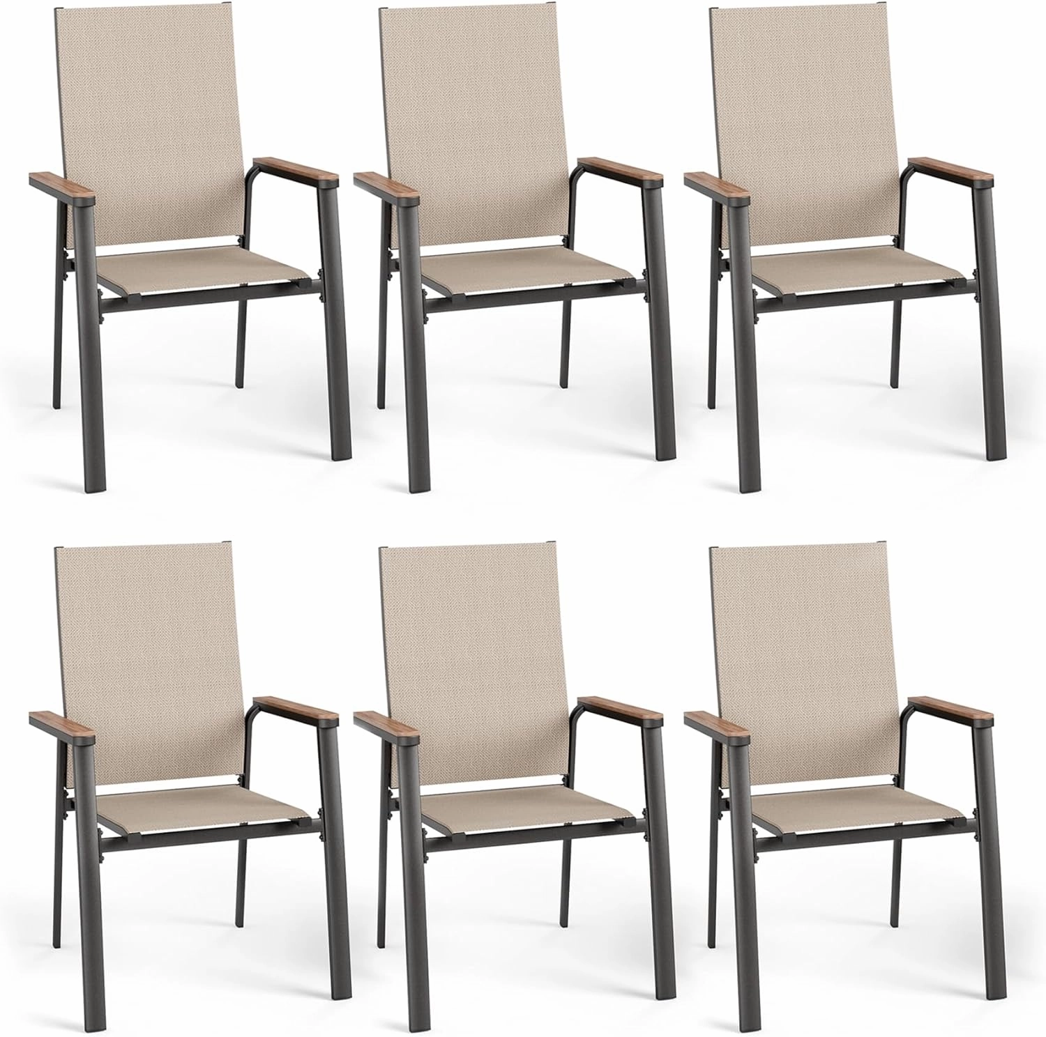 PHI VILLA Outdoor Stackable Dining Chairs Set of 6（Beige,Lightweight Aluminum Frame with Textilene Fabric & Wider Armrest,Easy to Store,Outdoor Chairs for Garden,Lawn