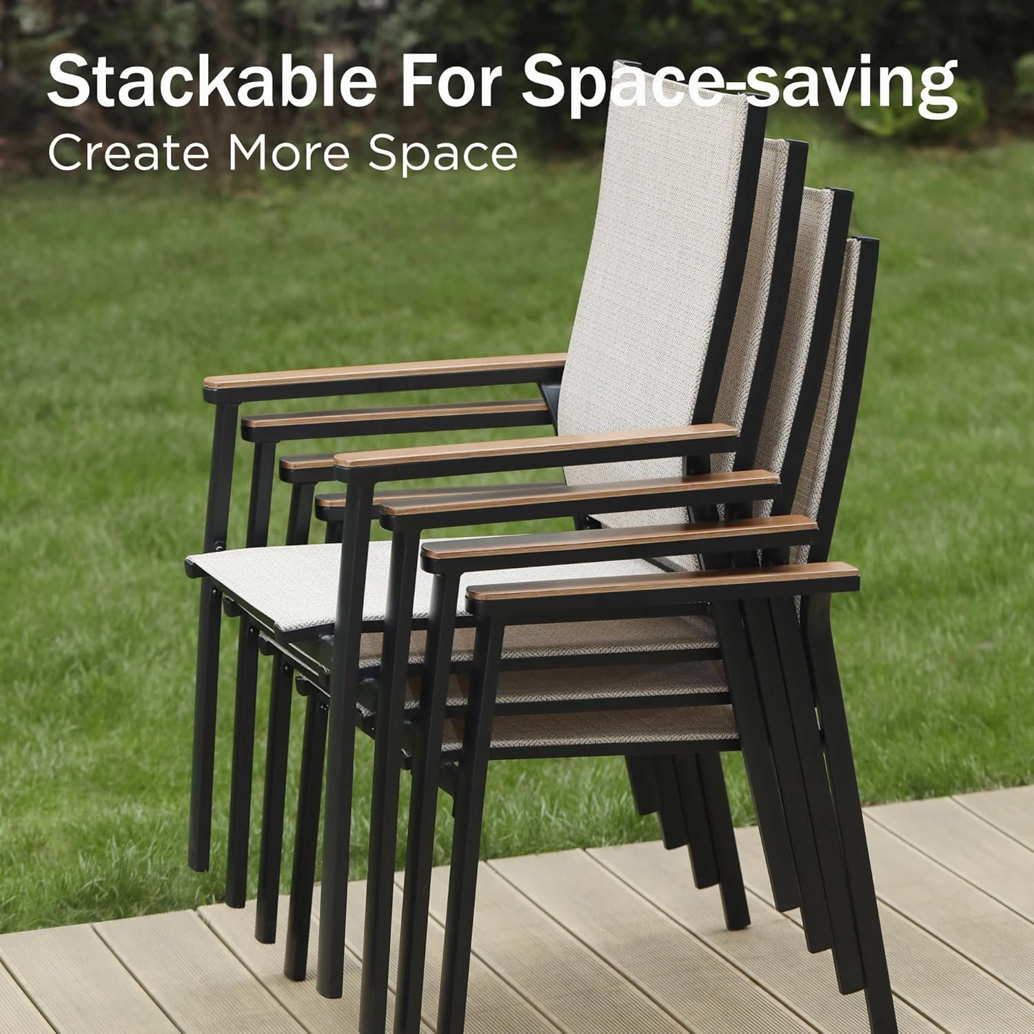PHI VILLA Outdoor Stackable Dining Chairs Set of 6（Beige,Lightweight Aluminum Frame with Textilene Fabric & Wider Armrest,Easy to Store,Outdoor Chairs for Garden,Lawn