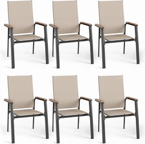 PHI VILLA Outdoor Stackable Dining Chairs Set of 6（Beige,Lightweight Aluminum Frame with Textilene Fabric & Wider Armrest,Easy to Store,Outdoor Chairs for Garden,Lawn