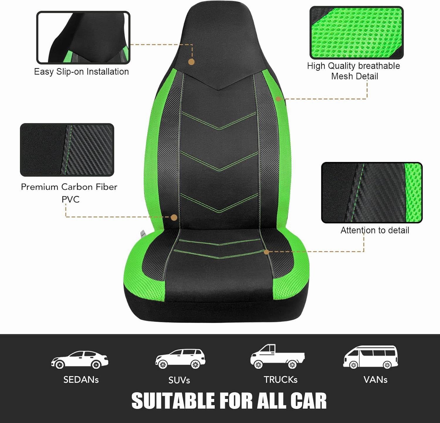 PIC AUTO High Back Front Car Seat Covers - Sports Carbon Fiber Mesh Design, Two Front Set, Airbag Compatible, Universal Fit for Most Cars (Green)
