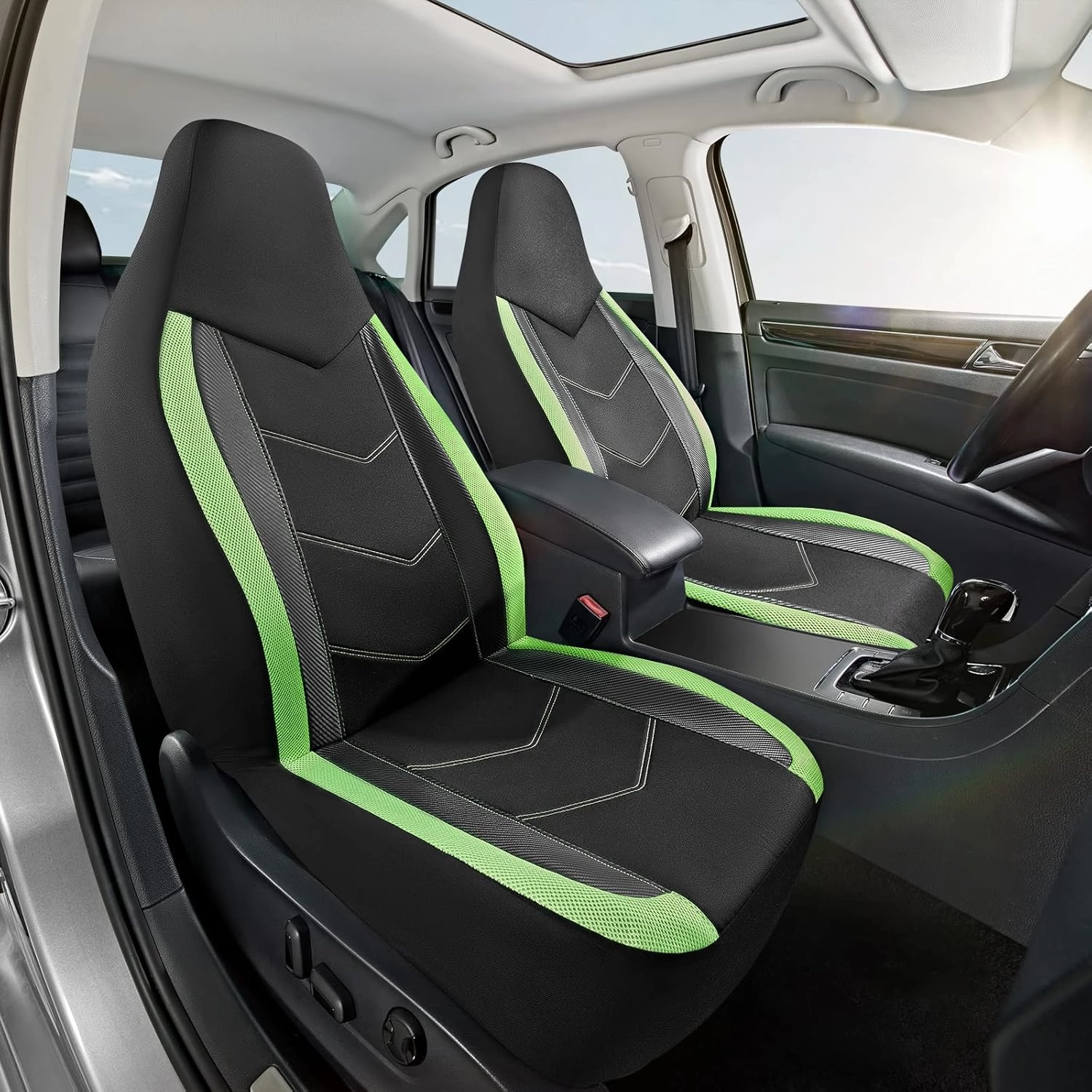PIC AUTO High Back Front Car Seat Covers - Sports Carbon Fiber Mesh Design, Two Front Set, Airbag Compatible, Universal Fit for Most Cars (Green)