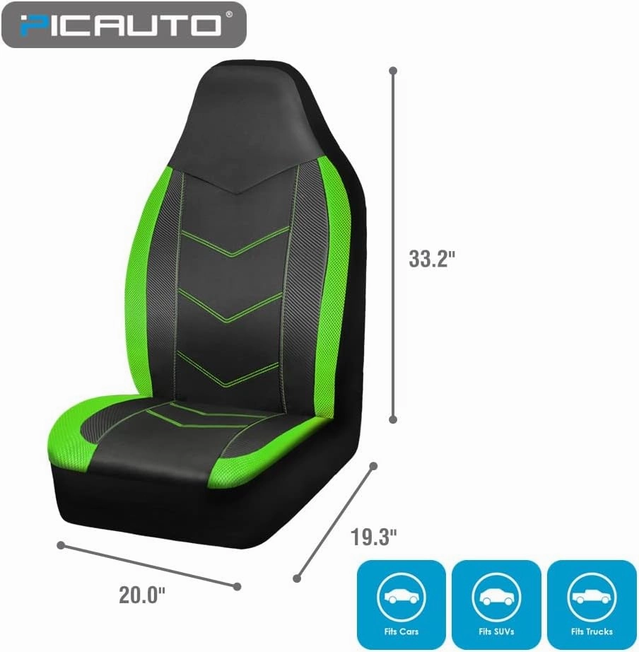 PIC AUTO High Back Front Car Seat Covers - Sports Carbon Fiber Mesh Design, Two Front Set, Airbag Compatible, Universal Fit for Most Cars (Green)