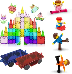 PicassoTiles 100PC Magnet Tiles   2 Cars   4 Family People Action Figures Expansion Bundle: STEAM Educational Playset for Creative, Fun and Learning Construction Play, Pretend Play Toy for Kids