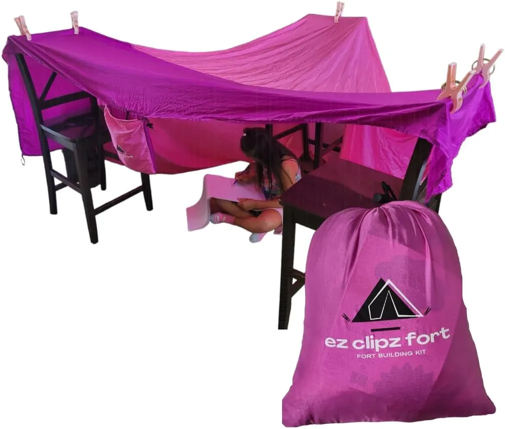 Pickle & Olive ez clipz- Kids Fort Building Kit- Large Blanket and Clips to Attach to Furniture-Best Gift for Children (Pink/Purple)