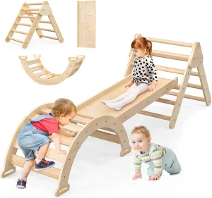 Pikler Triangle Set for Baby Climbing Toys 7 in 1 Foldable Wooden Montessori Climbing Set Indoor Playground for Kid with Arch-Ramp-Ladder Indoor Jungle Gyms for 1-3 4-6 Year Toddlers