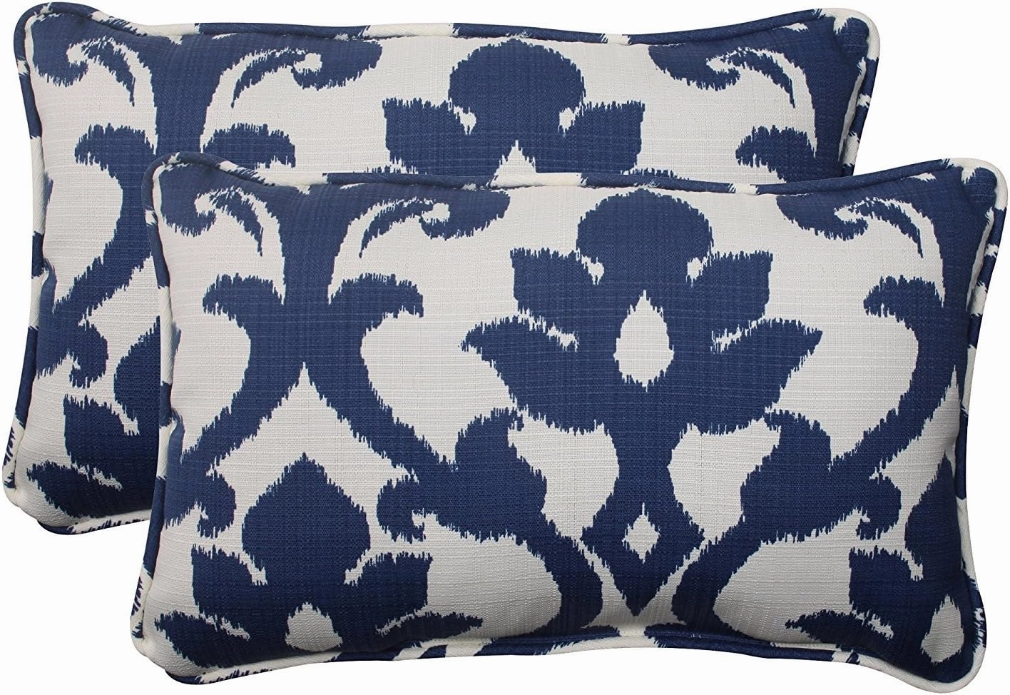 Pillow Perfect Damask Indoor/Outdoor Accent Throw Pillow, Plush Fill, Weather, and Fade Resistant, Lumbar - 11.5" x 18.5" , Blue/White Basalto, 2 Count