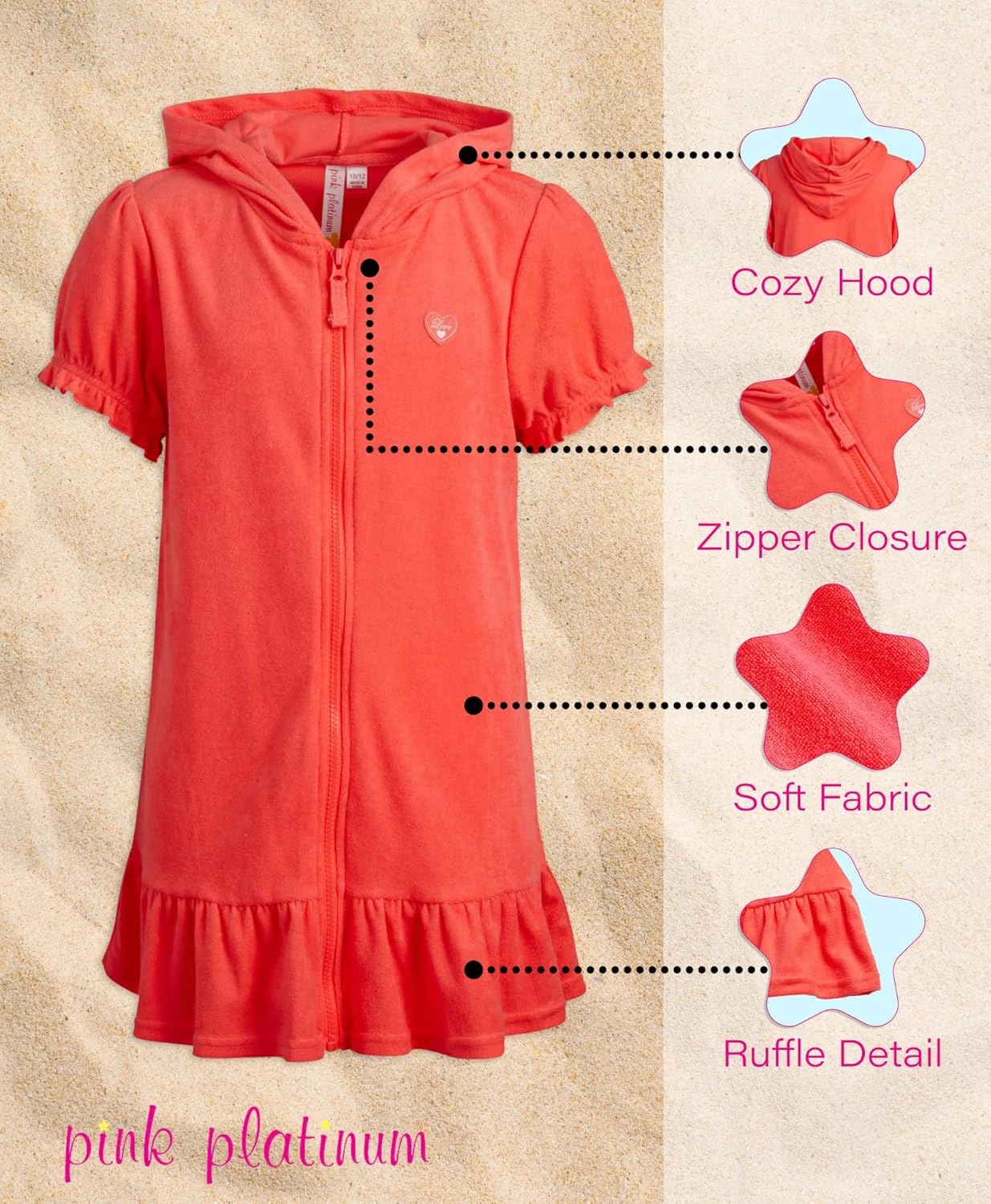 Pink Platinum Girls Swim Cover Up - Full Zip Hooded Ruffled Kids Terry Cloth Bathrobe, Swim Cover Up Dress for Girls (2T-16)