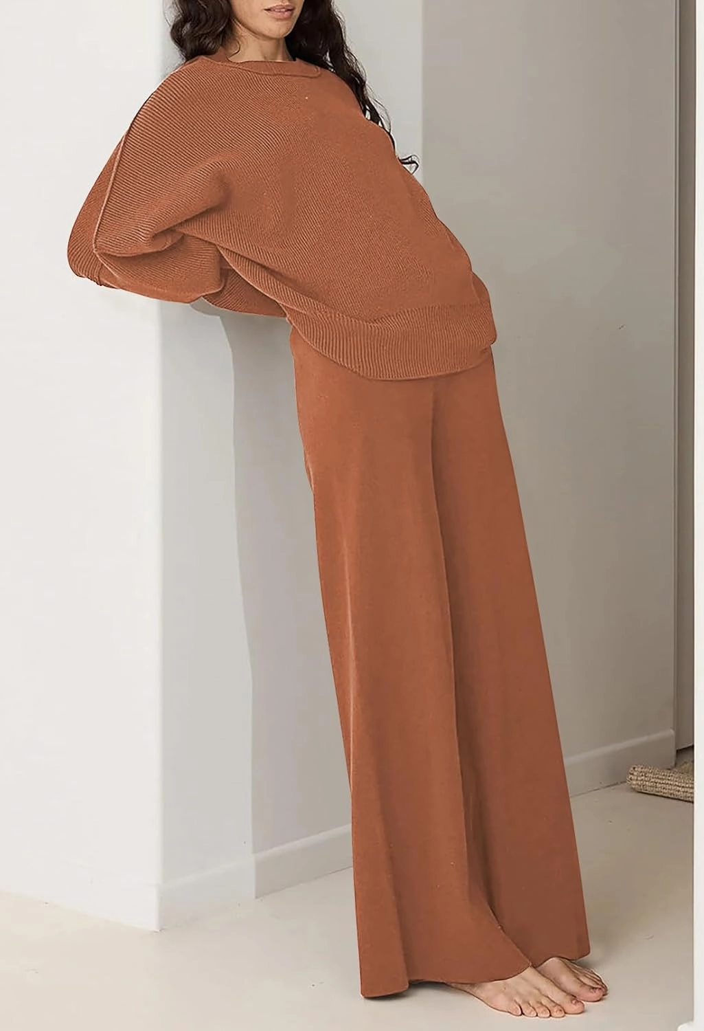Pink Queen Women's 2 Piece Outfits Sweater Sets Knit Pullover Tops And Wide Leg Pants Loose Tracksuit Lounge Set