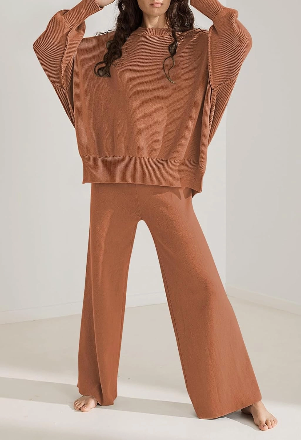 Pink Queen Women's 2 Piece Outfits Sweater Sets Knit Pullover Tops And Wide Leg Pants Loose Tracksuit Lounge Set