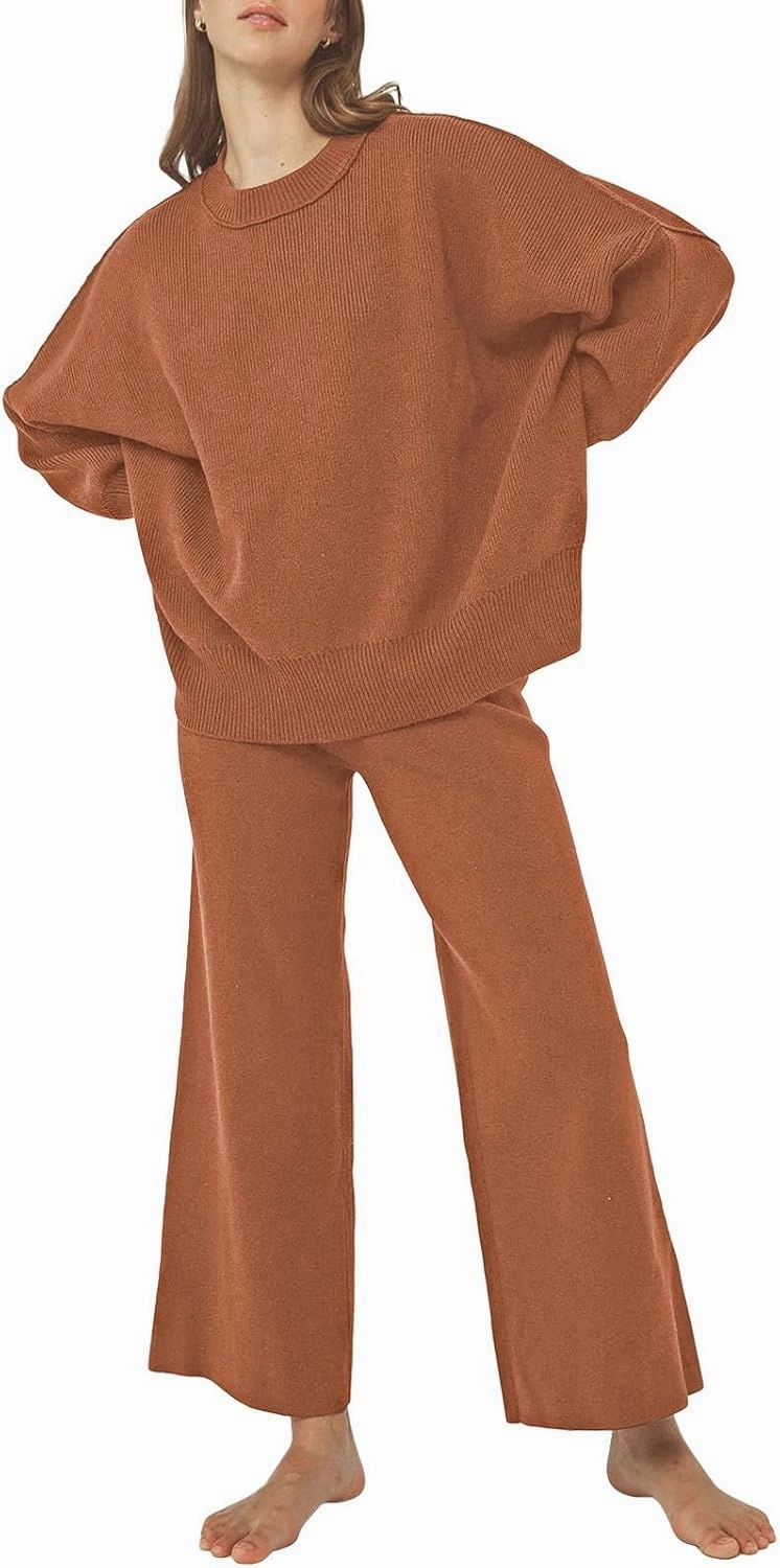 Pink Queen Women's 2 Piece Outfits Sweater Sets Knit Pullover Tops And Wide Leg Pants Loose Tracksuit Lounge Set
