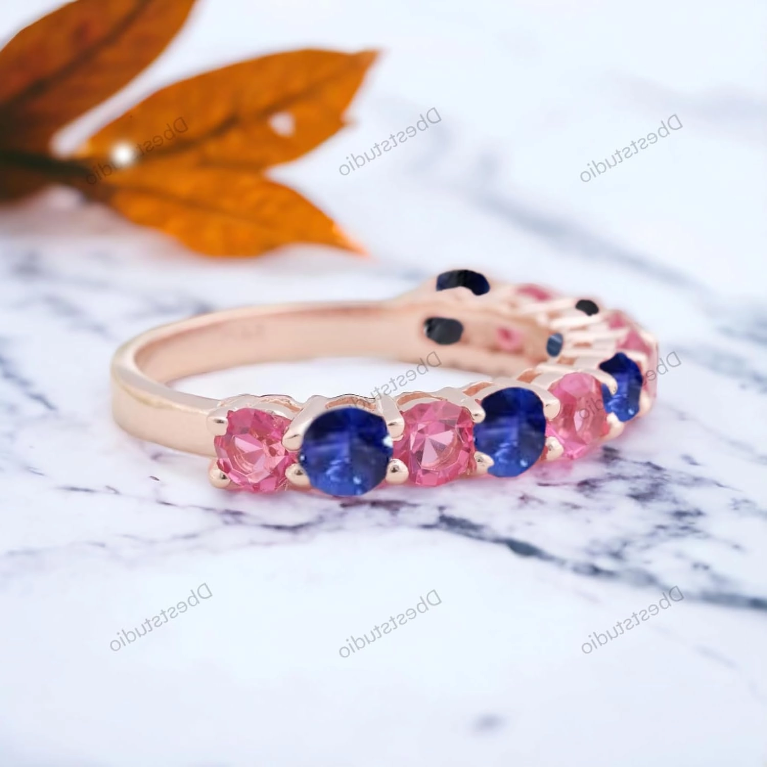 Pink Sapphire Half Eternity Wedding Band Rose Gold Plated Stackable Matching Band Thin Promise Ring Women Delicate Gift Jewelry Personalized Rings