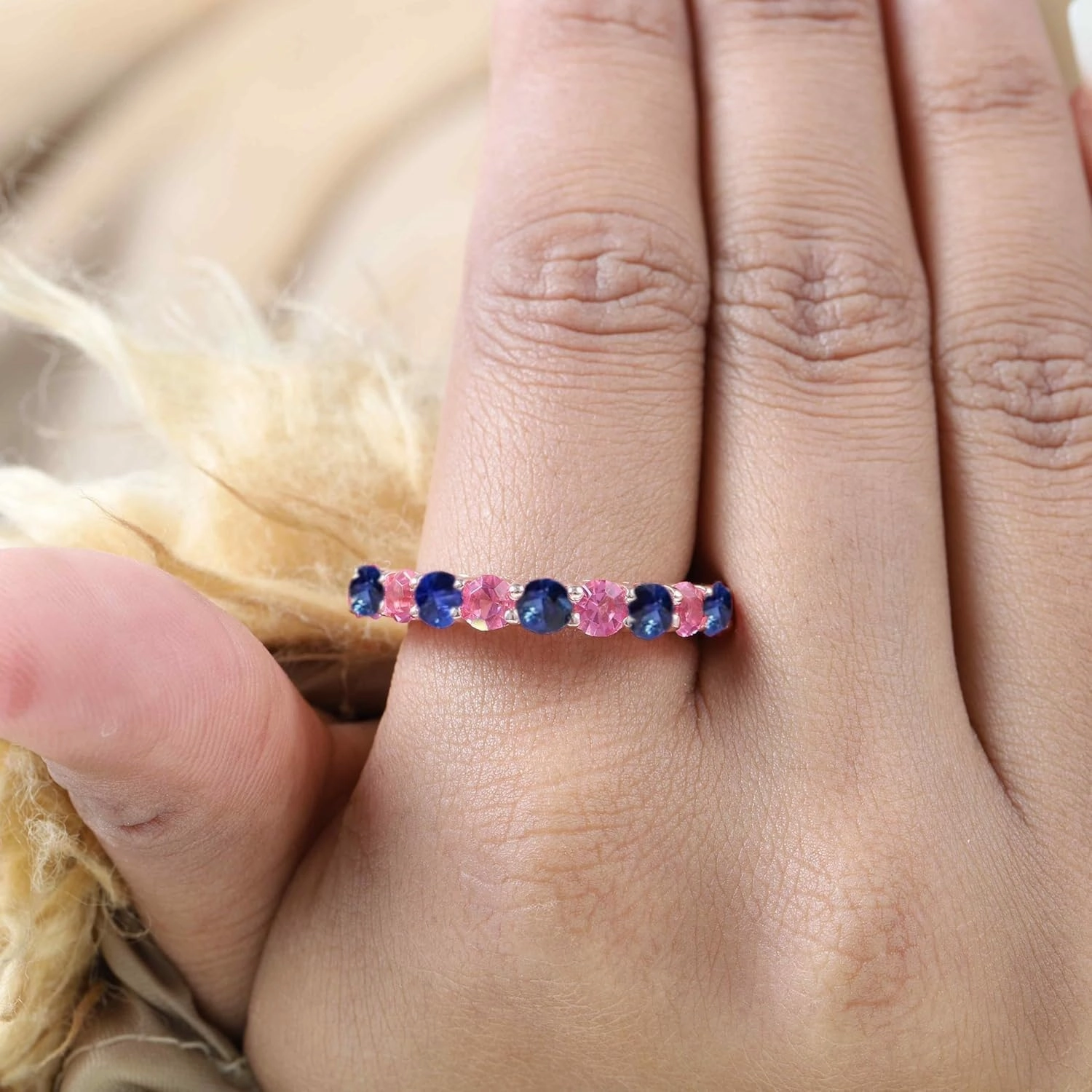 Pink Sapphire Half Eternity Wedding Band Rose Gold Plated Stackable Matching Band Thin Promise Ring Women Delicate Gift Jewelry Personalized Rings